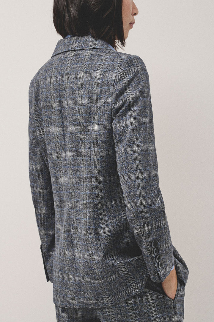 Knitwear | Double - breasted blazer in grey and blue wales check wool by Spanish designer Roberto Verino