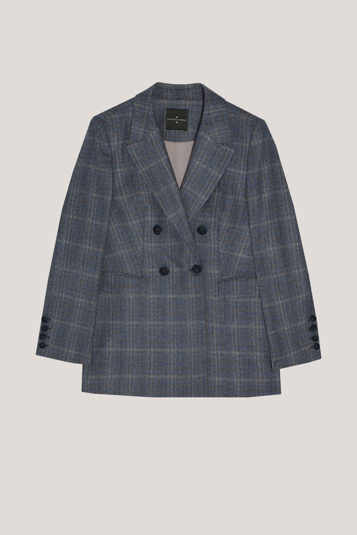 Knitwear | Double - breasted blazer in grey and blue wales check wool by Spanish designer Roberto Verino