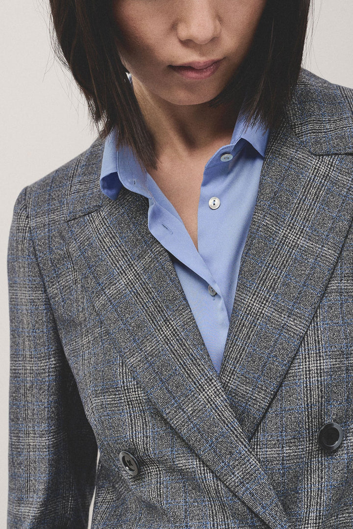 Knitwear | Double - breasted blazer in grey and blue wales check wool by Spanish designer Roberto Verino