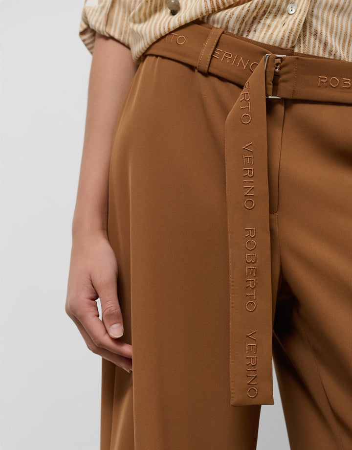 General | Flowy brown twill wide pants with belt by Spanish designer Roberto Verino