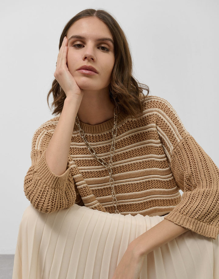 General | French sleeve openwork knitted jumper camel by Spanish designer Roberto Verino