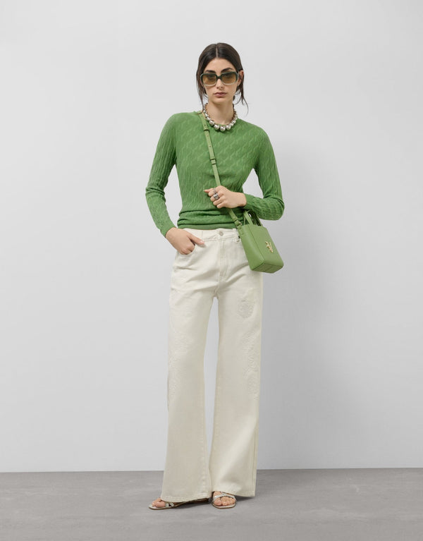 Knitwear | Green cable knit long sleeve wool sweater by Spanish designer Roberto Verino