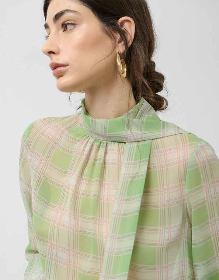 Shirts & Blouses | Green checkered blouse with puckered neckline by Spanish designer Roberto Verino