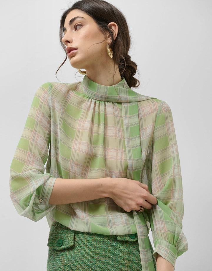 Shirts & Blouses | Green checkered blouse with puckered neckline by Spanish designer Roberto Verino