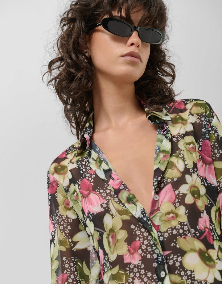 Dresses | Green floral print crepe georgette long sleeve midi shirt dress by Spanish designer Roberto Verino