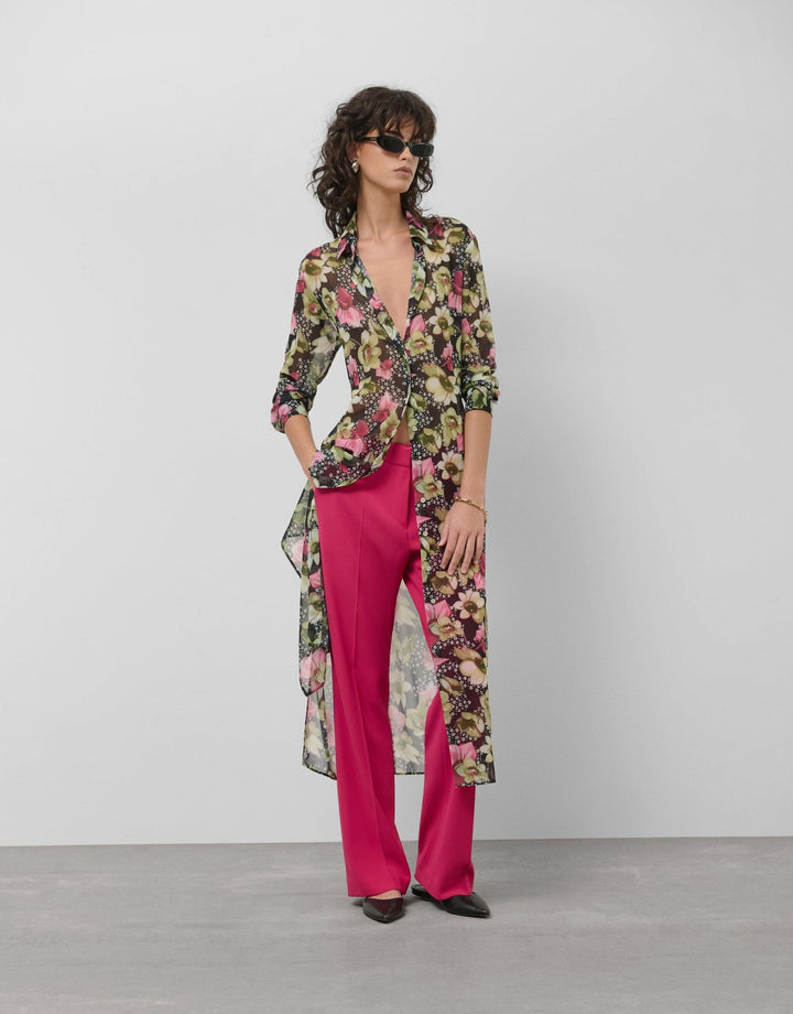 Dresses | Green floral print crepe georgette long sleeve midi shirt dress by Spanish designer Roberto Verino