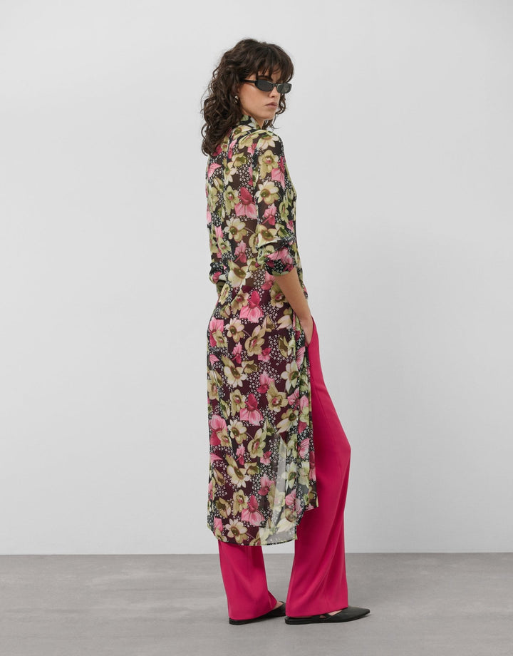 Dresses | Green floral print crepe georgette long sleeve midi shirt dress by Spanish designer Roberto Verino