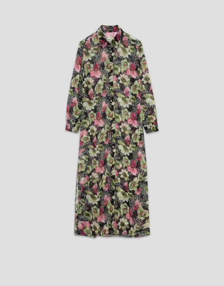 Dresses | Green floral print crepe georgette long sleeve midi shirt dress by Spanish designer Roberto Verino