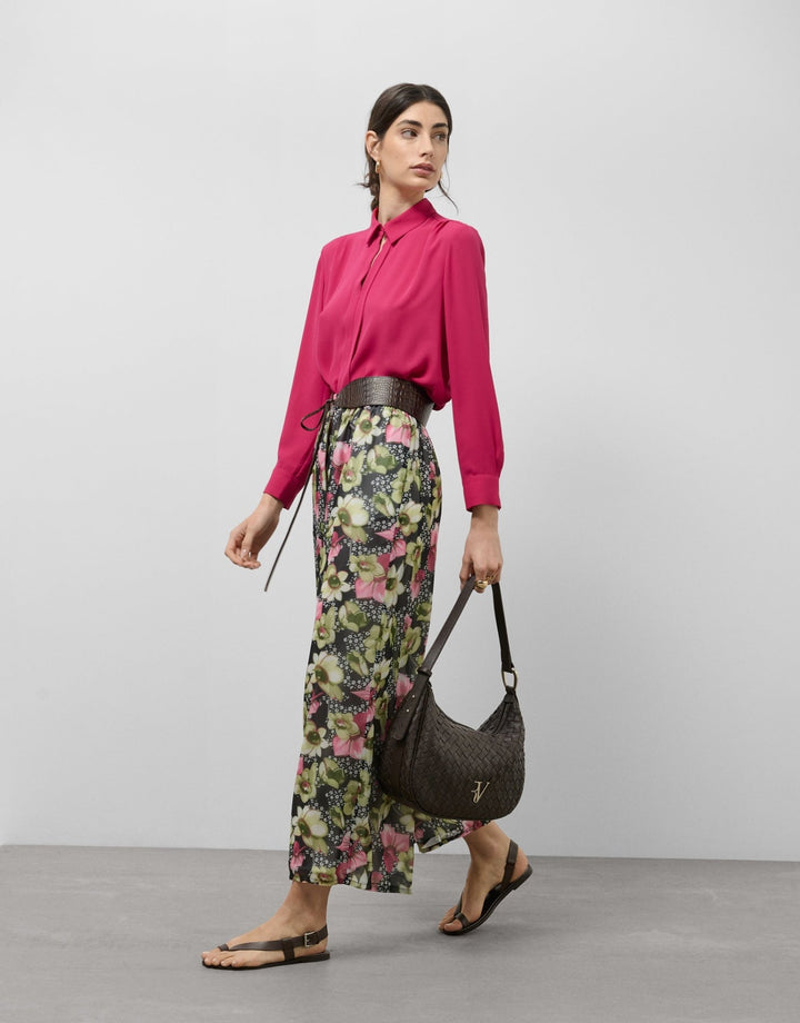 Pants | Green floral print georgette crepe palazzo pants by Spanish designer Roberto Verino