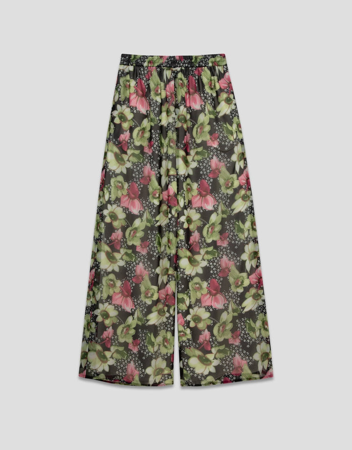 Pants | Green floral print georgette crepe palazzo pants by Spanish designer Roberto Verino