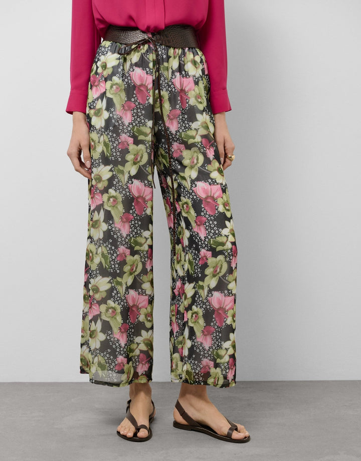 Pants | Green floral print georgette crepe palazzo pants by Spanish designer Roberto Verino