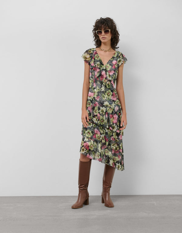 Dresses | Green georgette crepe dress with an asymmetric cut, frills and floral print by Spanish designer Roberto Verino