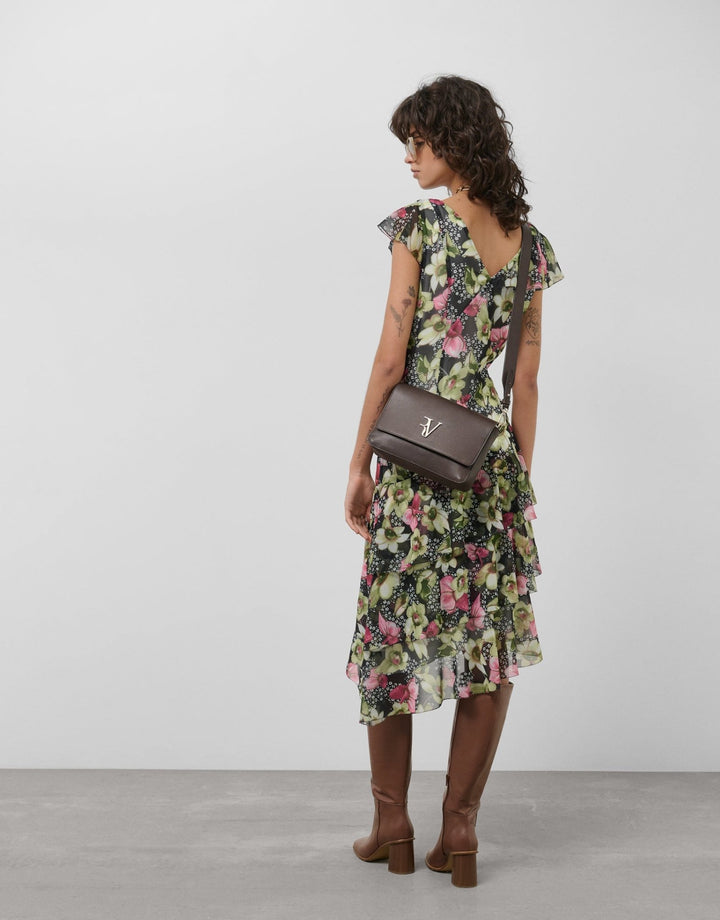 Dresses | Green georgette crepe dress with an asymmetric cut, frills and floral print by Spanish designer Roberto Verino