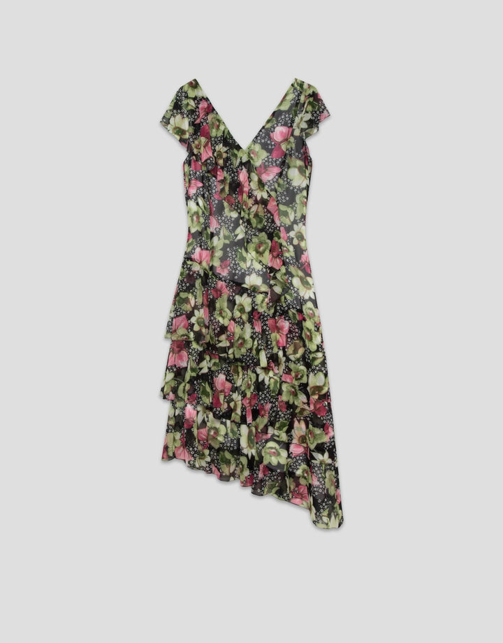 Dresses | Green georgette crepe dress with an asymmetric cut, frills and floral print by Spanish designer Roberto Verino