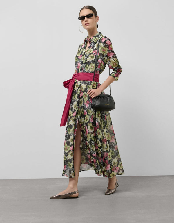 Dresses | Green midi georgette crepe shirtwaist dress with floral print and belt by Spanish designer Roberto Verino