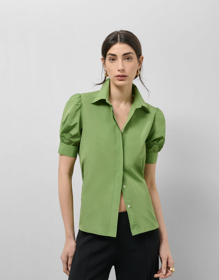 Shirts & Blouses | Green taffeta blouse with puckered short sleeves by Spanish designer Roberto Verino