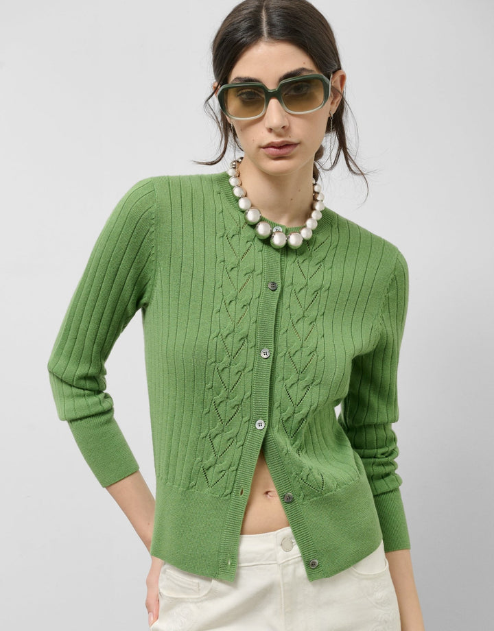 Knitwear | Green wool/cotton ribbed cable knit cardigan by Spanish designer Roberto Verino