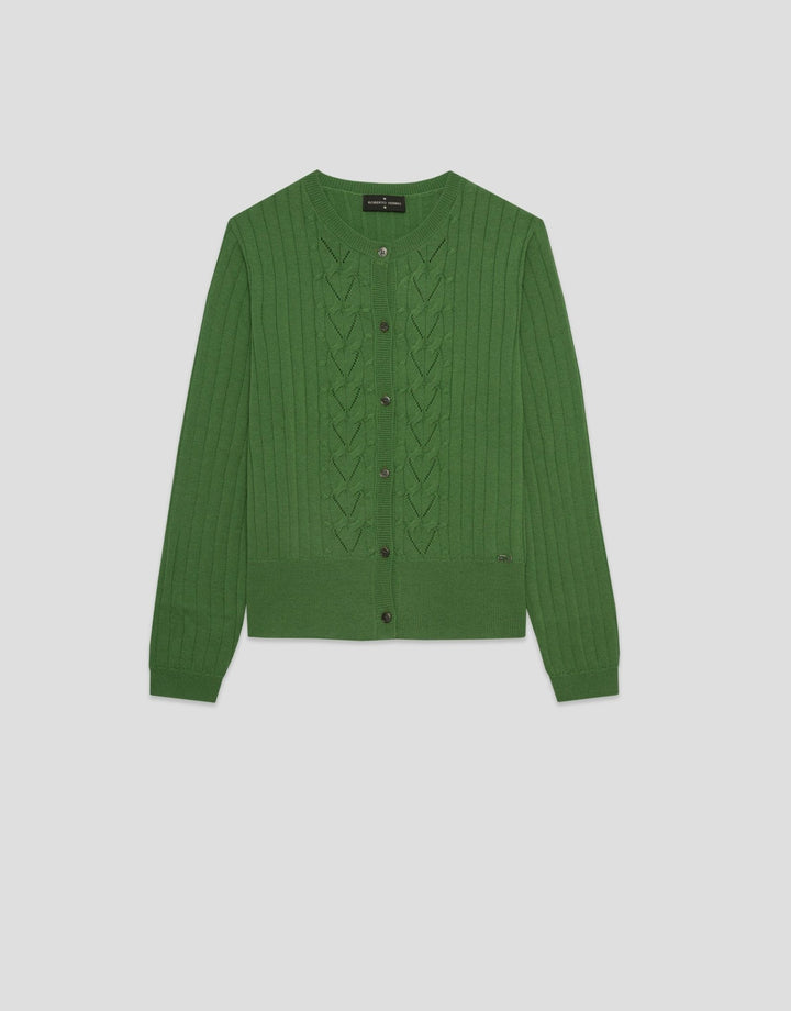 Knitwear | Green wool/cotton ribbed cable knit cardigan by Spanish designer Roberto Verino