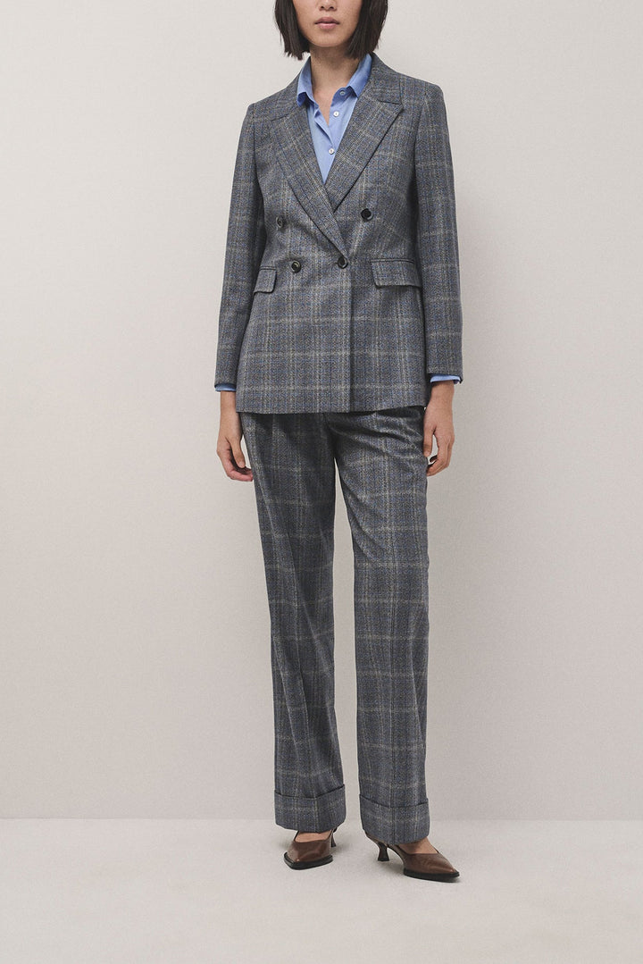 Pants | Grey and blue wales check wool tailored pants with rolled - up hem by Spanish designer Roberto Verino