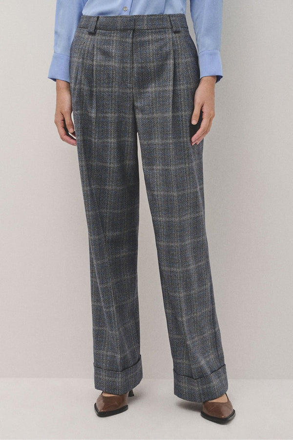 Pants | Grey and blue wales check wool tailored pants with rolled - up hem by Spanish designer Roberto Verino