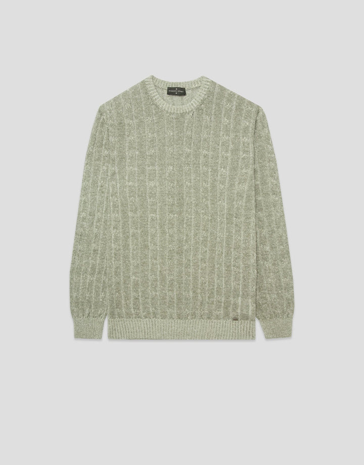 Pants | Light khaki green cotton/linen cable knit sweater by Spanish designer Roberto Verino