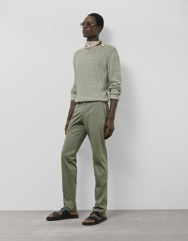Pants | Light khaki green cotton/linen cable knit sweater by Spanish designer Roberto Verino