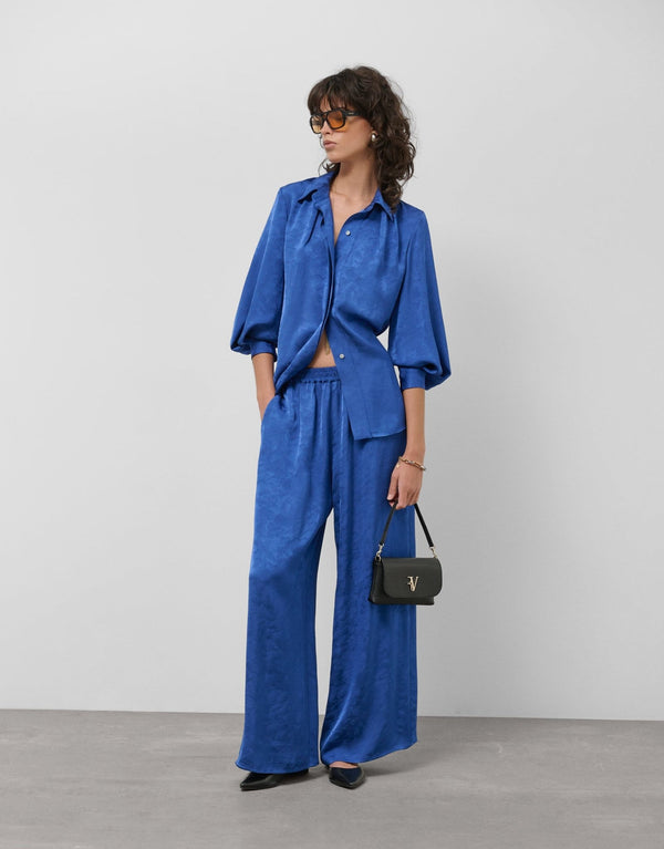 Shirts & Blouses | Loose dark blue blouse with floral damascene print by Spanish designer Roberto Verino