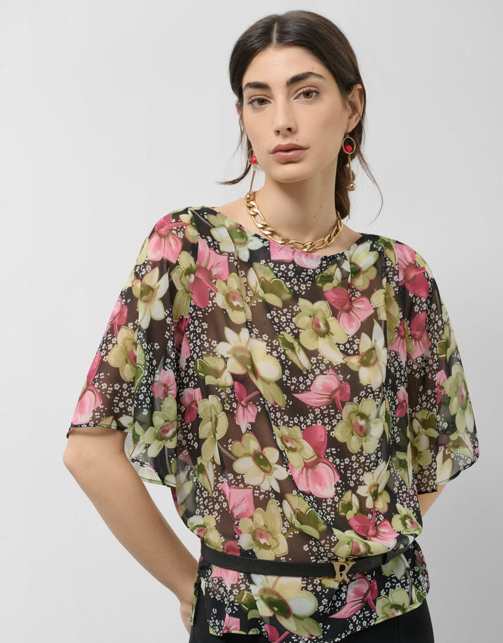 Shirts & Blouses | Loose green georgette crepe shirt with floral print by Spanish designer Roberto Verino