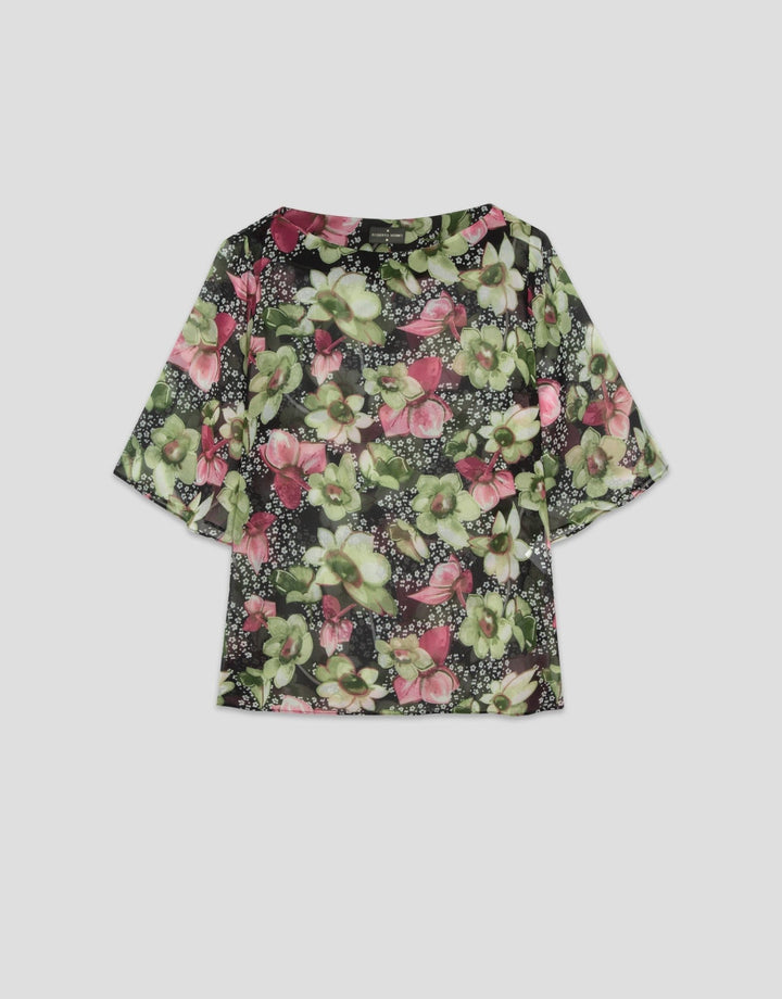 Shirts & Blouses | Loose green georgette crepe shirt with floral print by Spanish designer Roberto Verino