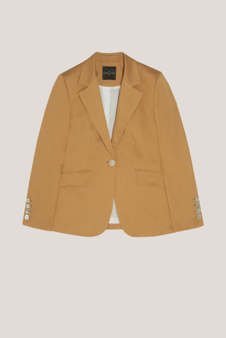 Knitwear | Mustard satin cotton suit jacket with one button by Spanish designer Roberto Verino