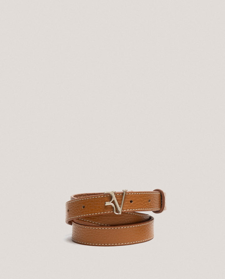 Belts | Narrow camel leather belt with back - stitching by Spanish designer Roberto Verino