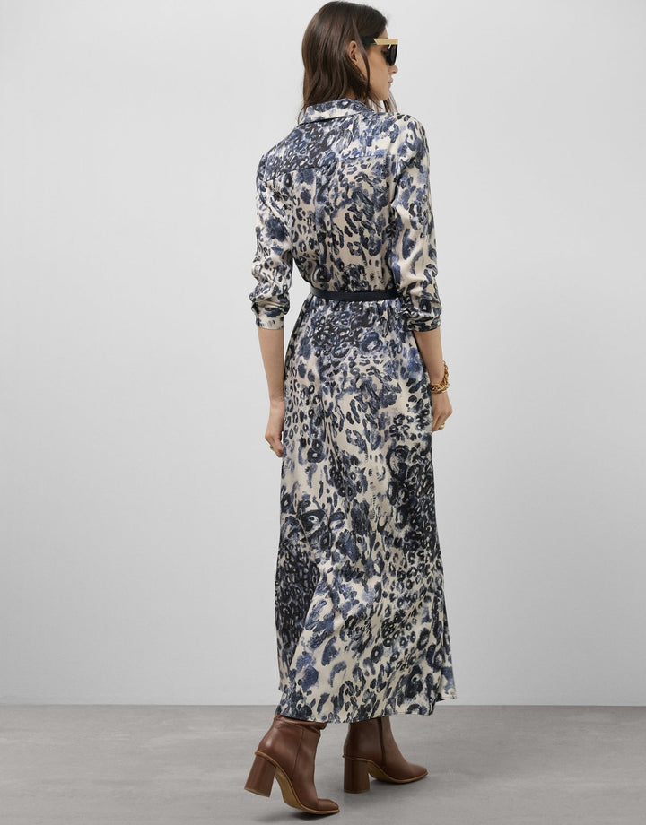 Dresses | Navy blue animal print long sleeve midi shirt dress by Spanish designer Roberto Verino