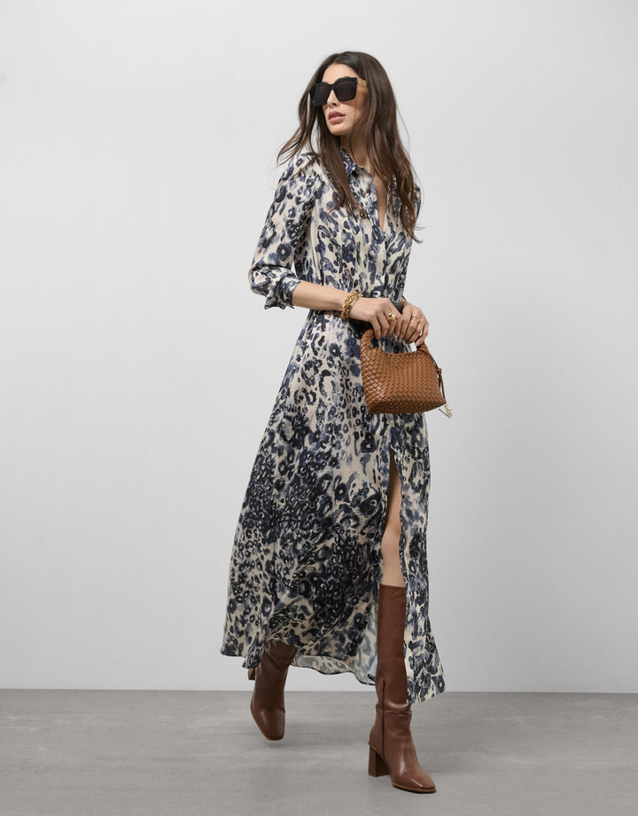 Dresses | Navy blue animal print long sleeve midi shirt dress by Spanish designer Roberto Verino