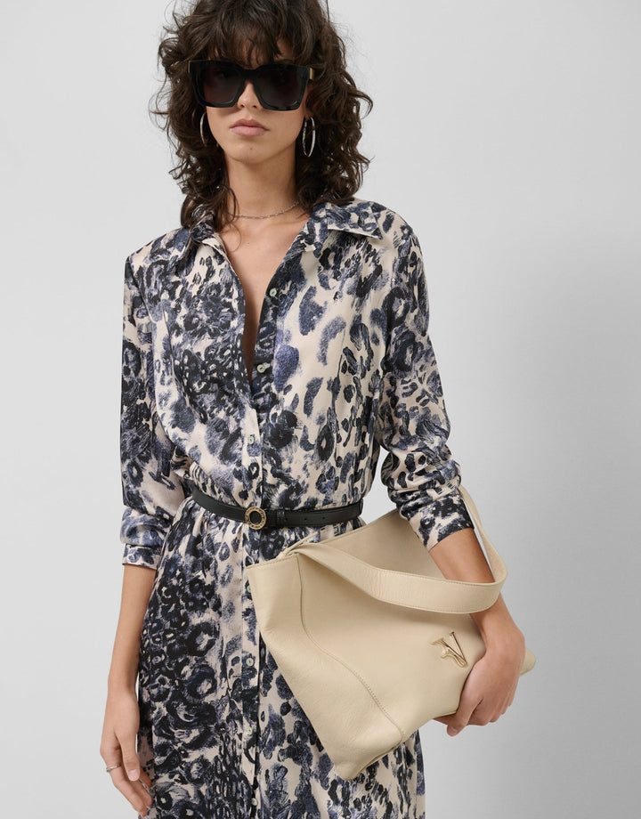 Dresses | Navy blue animal print long sleeve midi shirt dress by Spanish designer Roberto Verino