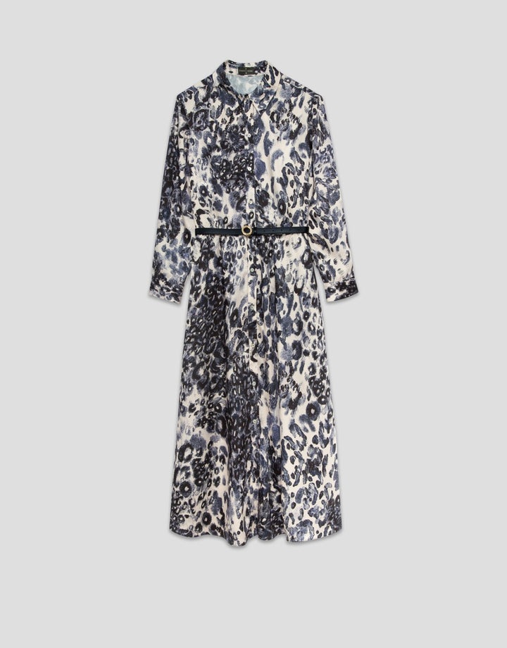 Dresses | Navy blue animal print long sleeve midi shirt dress by Spanish designer Roberto Verino