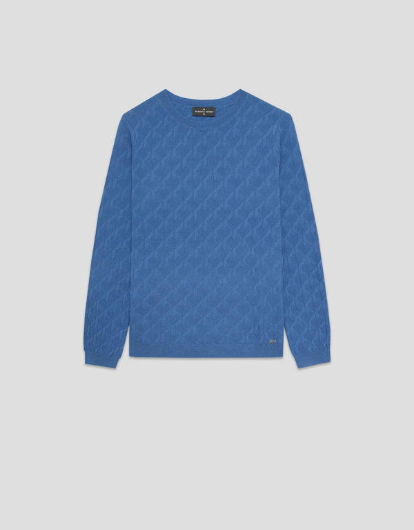 Knitwear | Navy blue cable knit long sleeve wool sweater by Spanish designer Roberto Verino