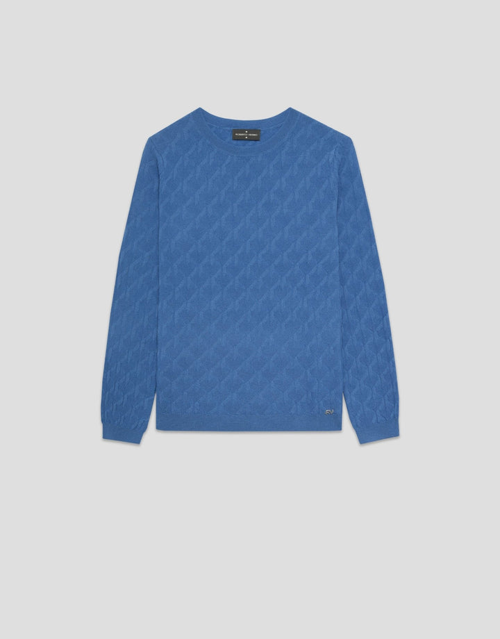 Knitwear | Navy blue cable knit long sleeve wool sweater by Spanish designer Roberto Verino