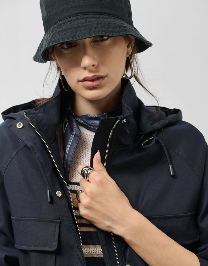 Outwear | Navy blue cinched - waist hooded trench coat by Spanish designer Roberto Verino