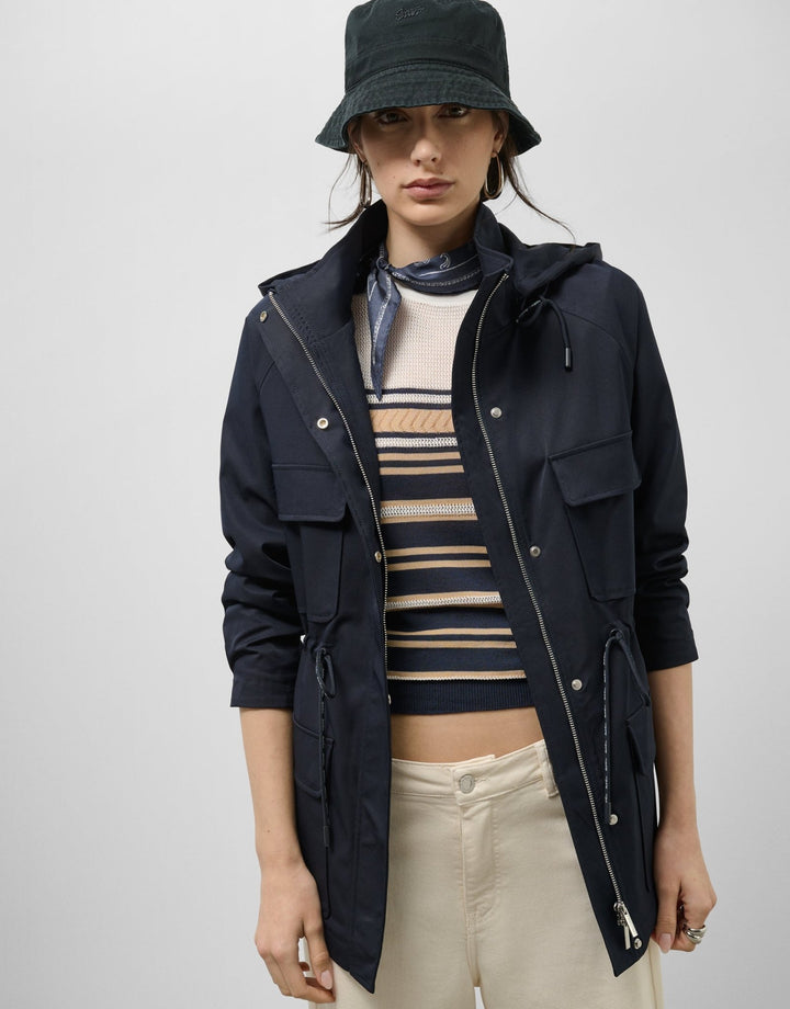 Outwear | Navy blue cinched - waist hooded trench coat by Spanish designer Roberto Verino