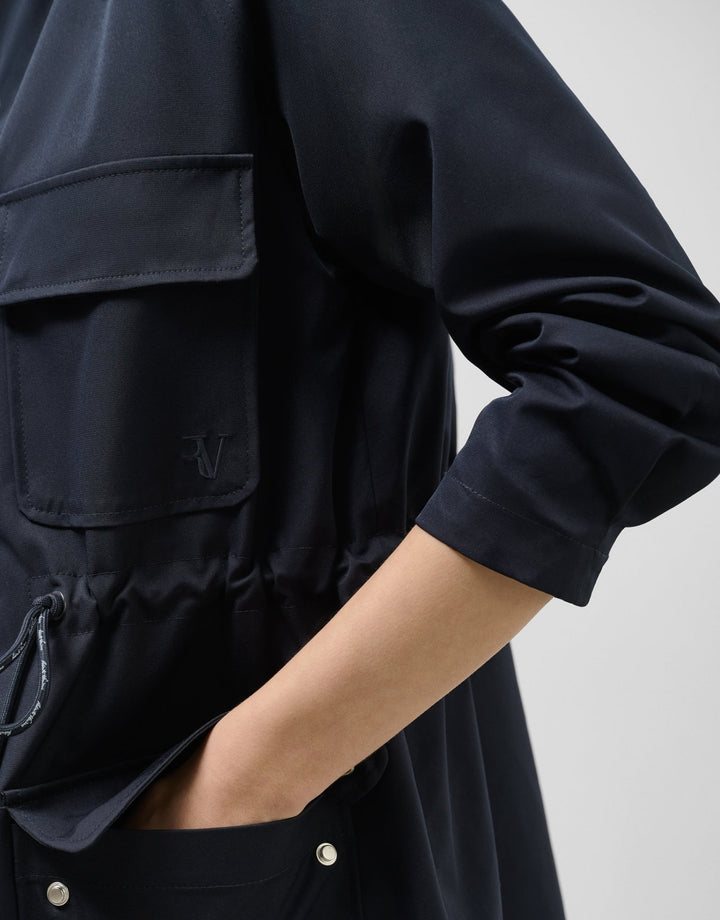 Outwear | Navy blue cinched - waist hooded trench coat by Spanish designer Roberto Verino