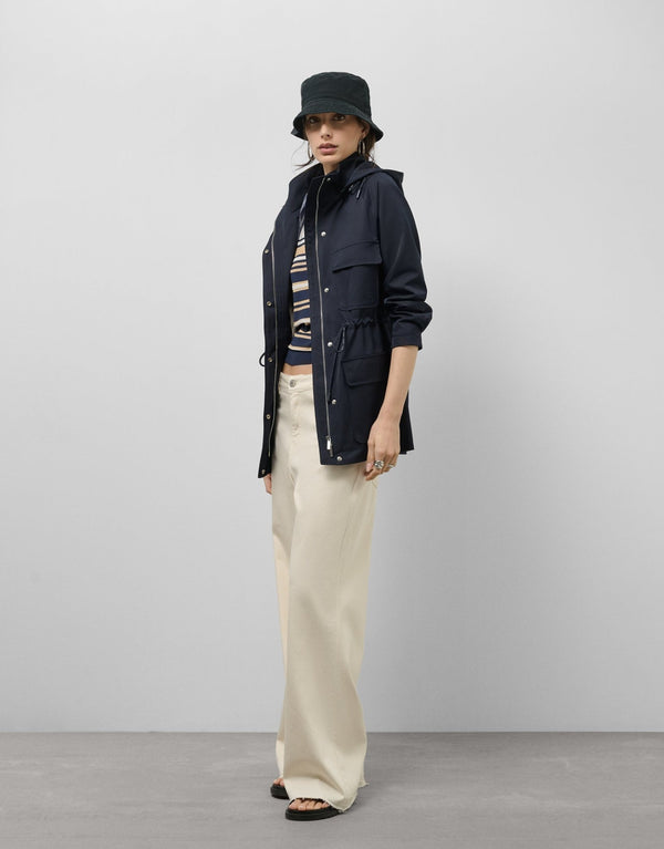 Outwear | Navy blue cinched - waist hooded trench coat by Spanish designer Roberto Verino