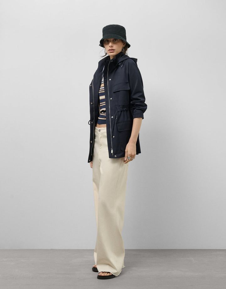 Outwear | Navy blue cinched - waist hooded trench coat by Spanish designer Roberto Verino