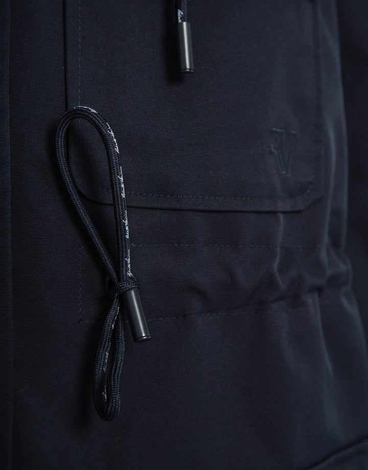Outwear | Navy blue cinched - waist hooded trench coat by Spanish designer Roberto Verino
