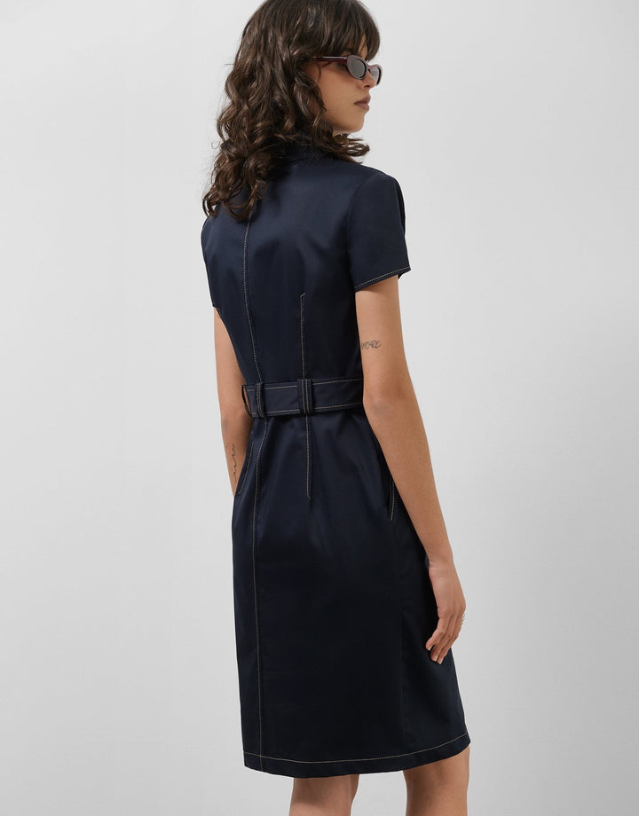 General | Navy blue shirtwaist dress with short sleeves and beige backstitching by Spanish designer Roberto Verino