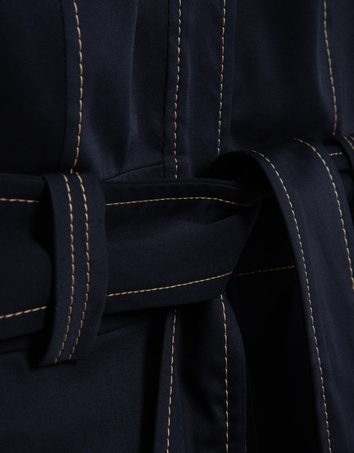 General | Navy blue shirtwaist dress with short sleeves and beige backstitching by Spanish designer Roberto Verino