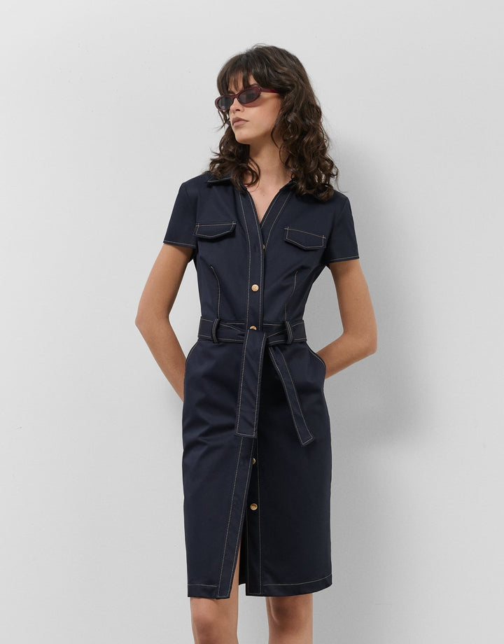 General | Navy blue shirtwaist dress with short sleeves and beige backstitching by Spanish designer Roberto Verino