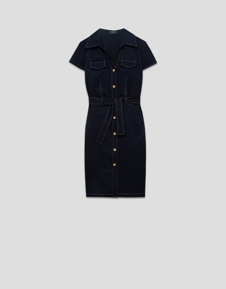General | Navy blue shirtwaist dress with short sleeves and beige backstitching by Spanish designer Roberto Verino