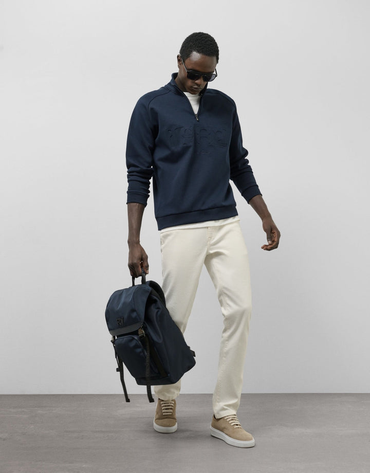 Pants | Navy half zip sweatshirt with logo by Spanish designer Roberto Verino