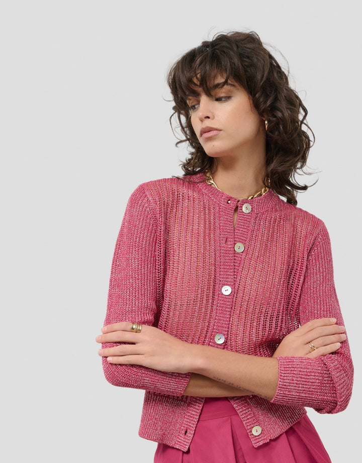 Knitwear | Openwork knit cardigan with raspberry lurex by Spanish designer Roberto Verino