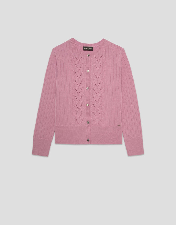 Knitwear | Pink cable knitted wool/cotton ribbed cardigan by Spanish designer Roberto Verino